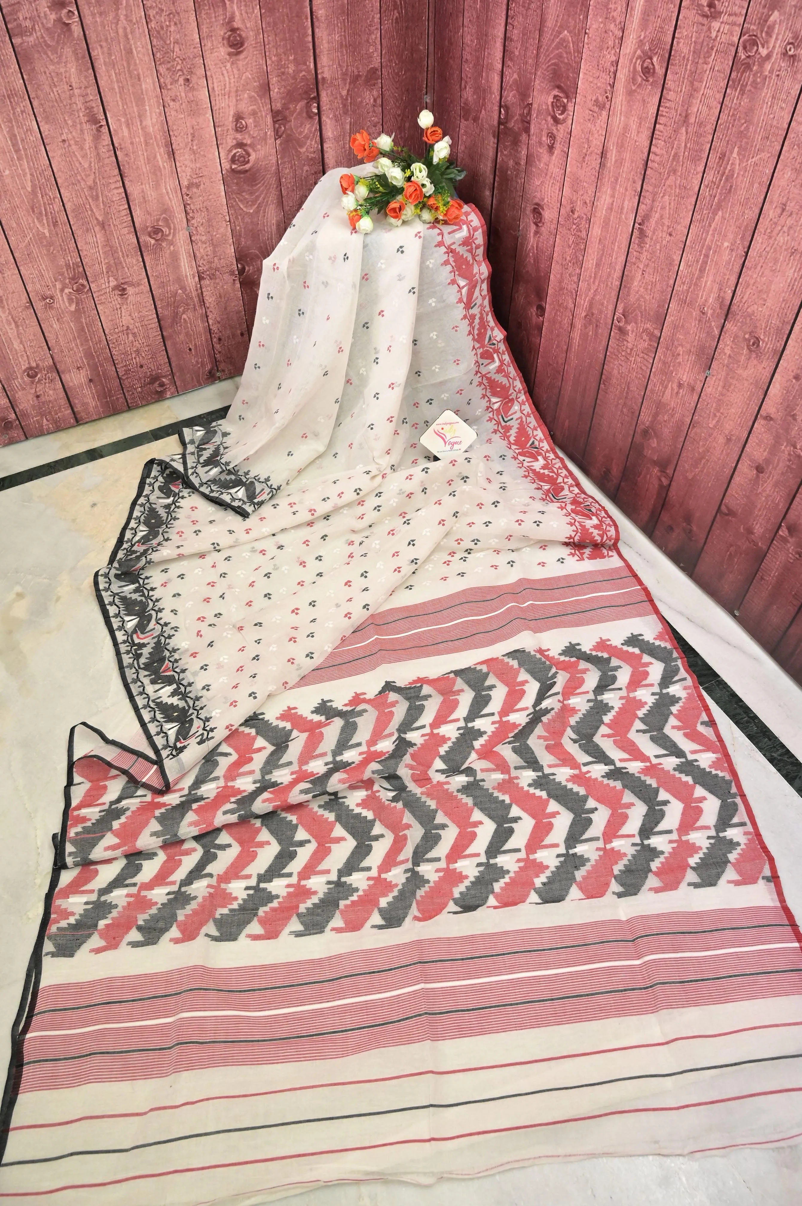 White Color Bangladeshi Jamdani Saree with Ganga Jamuna Border