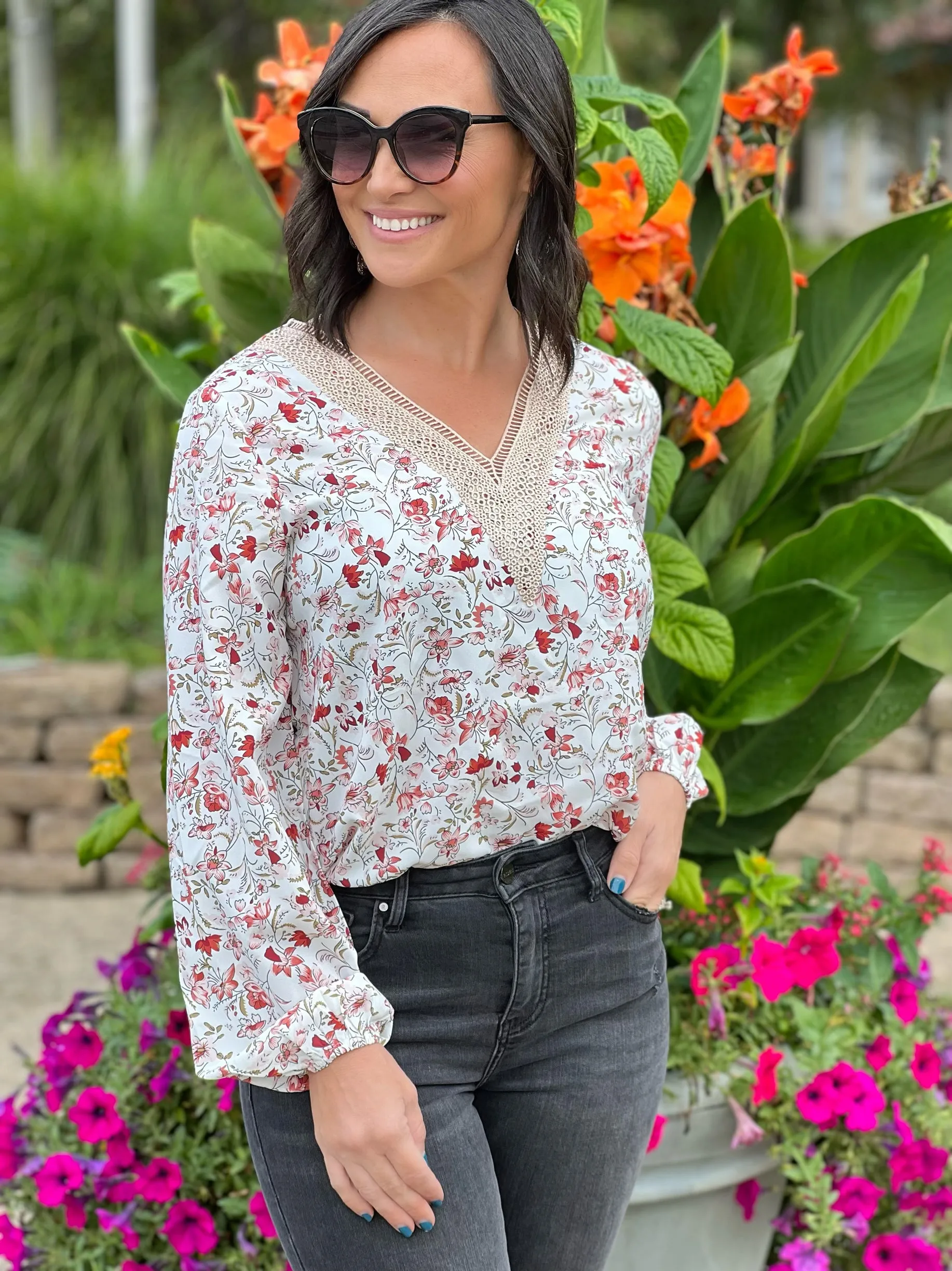 White Floral Long Sleeve Lace V-Neck Blouse with FREE EARRINGS