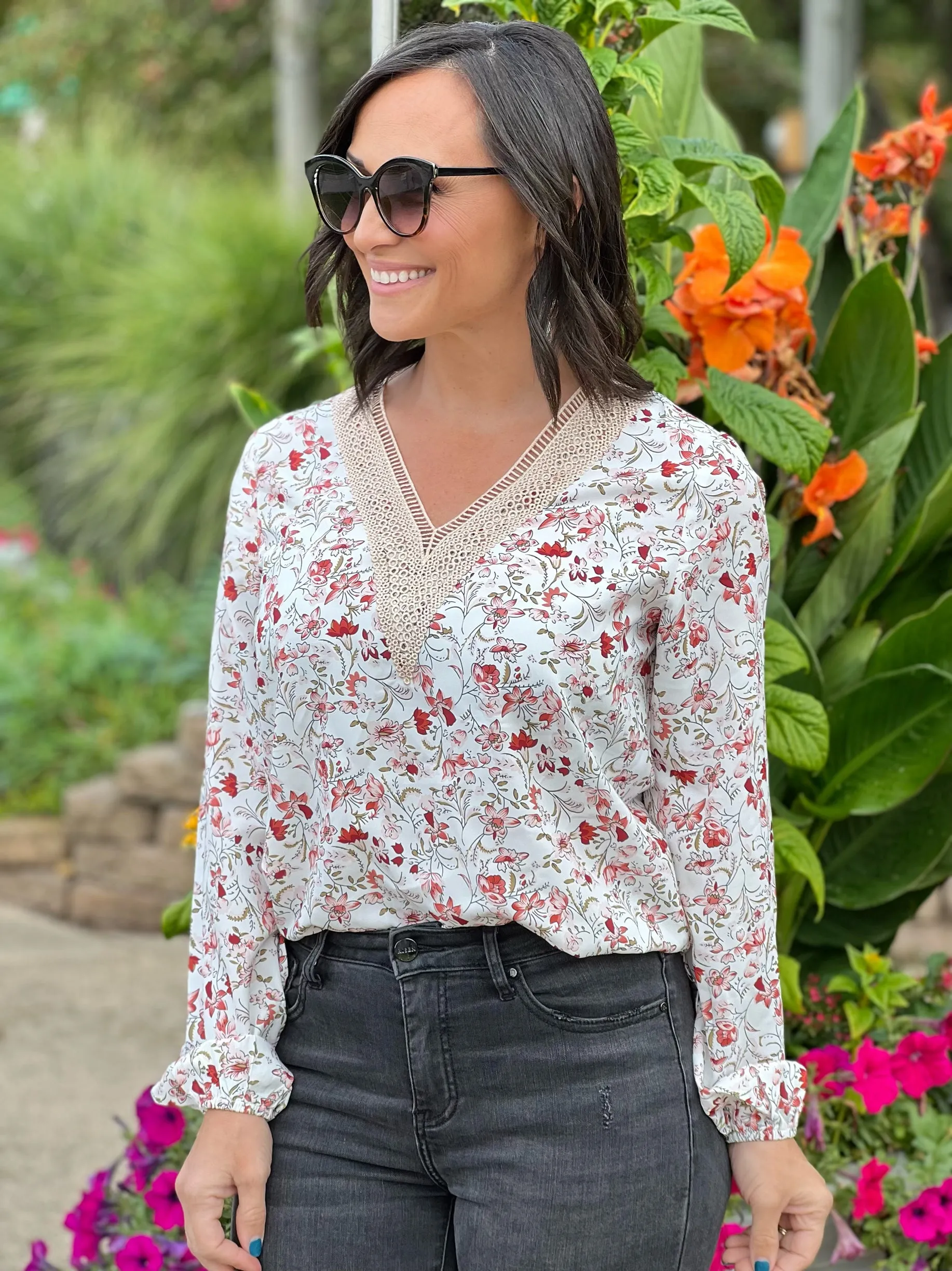 White Floral Long Sleeve Lace V-Neck Blouse with FREE EARRINGS