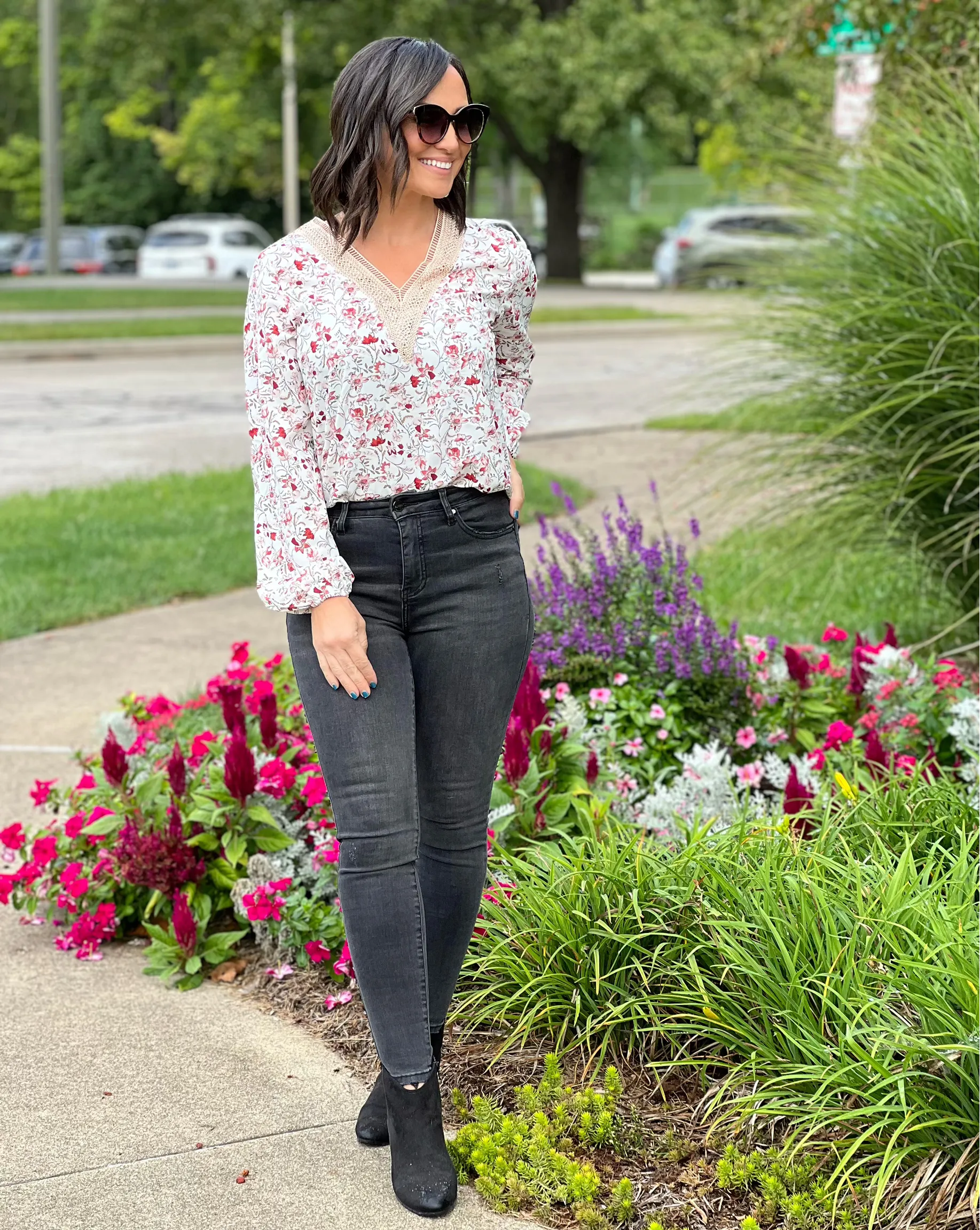 White Floral Long Sleeve Lace V-Neck Blouse with FREE EARRINGS