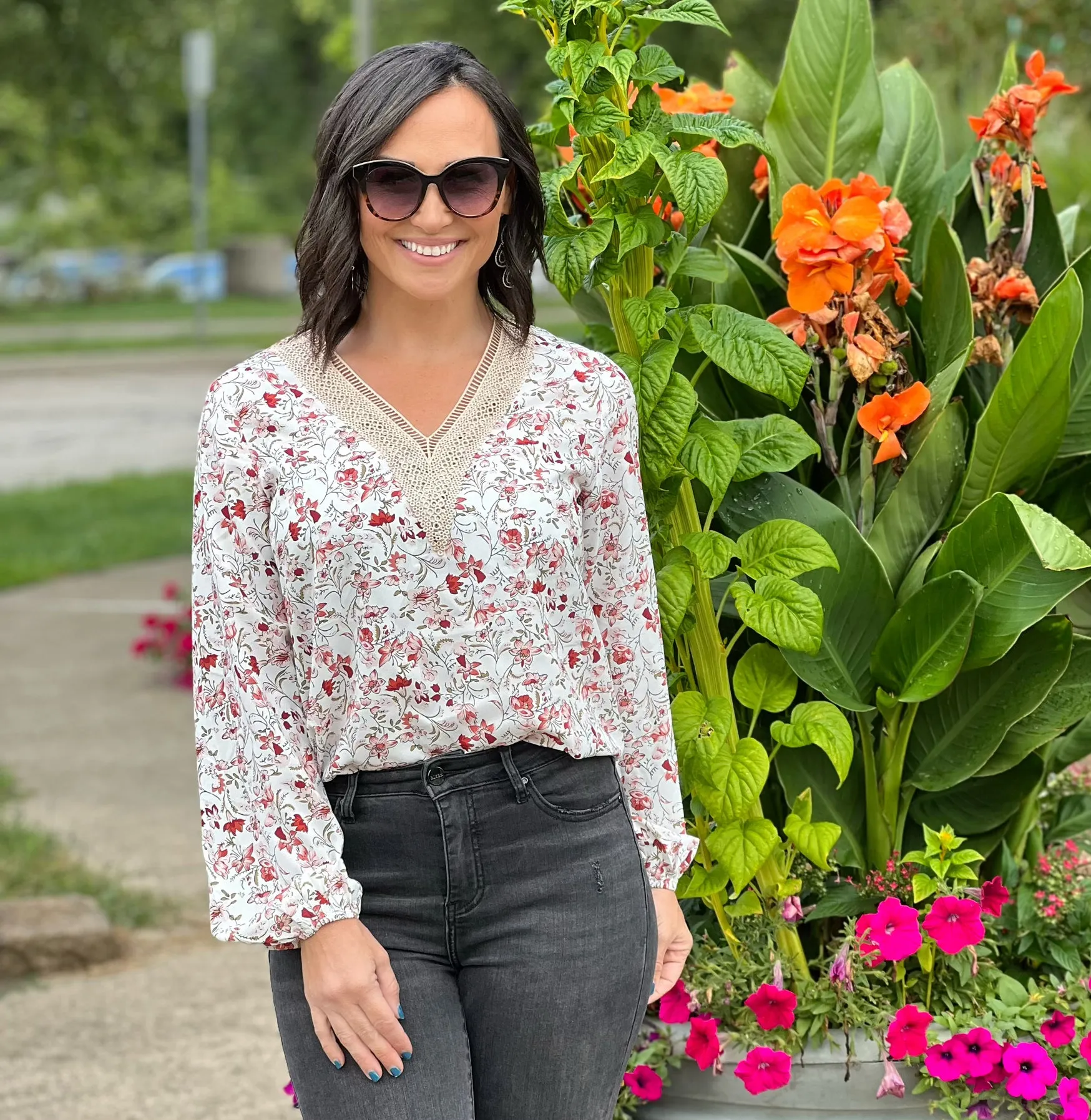 White Floral Long Sleeve Lace V-Neck Blouse with FREE EARRINGS