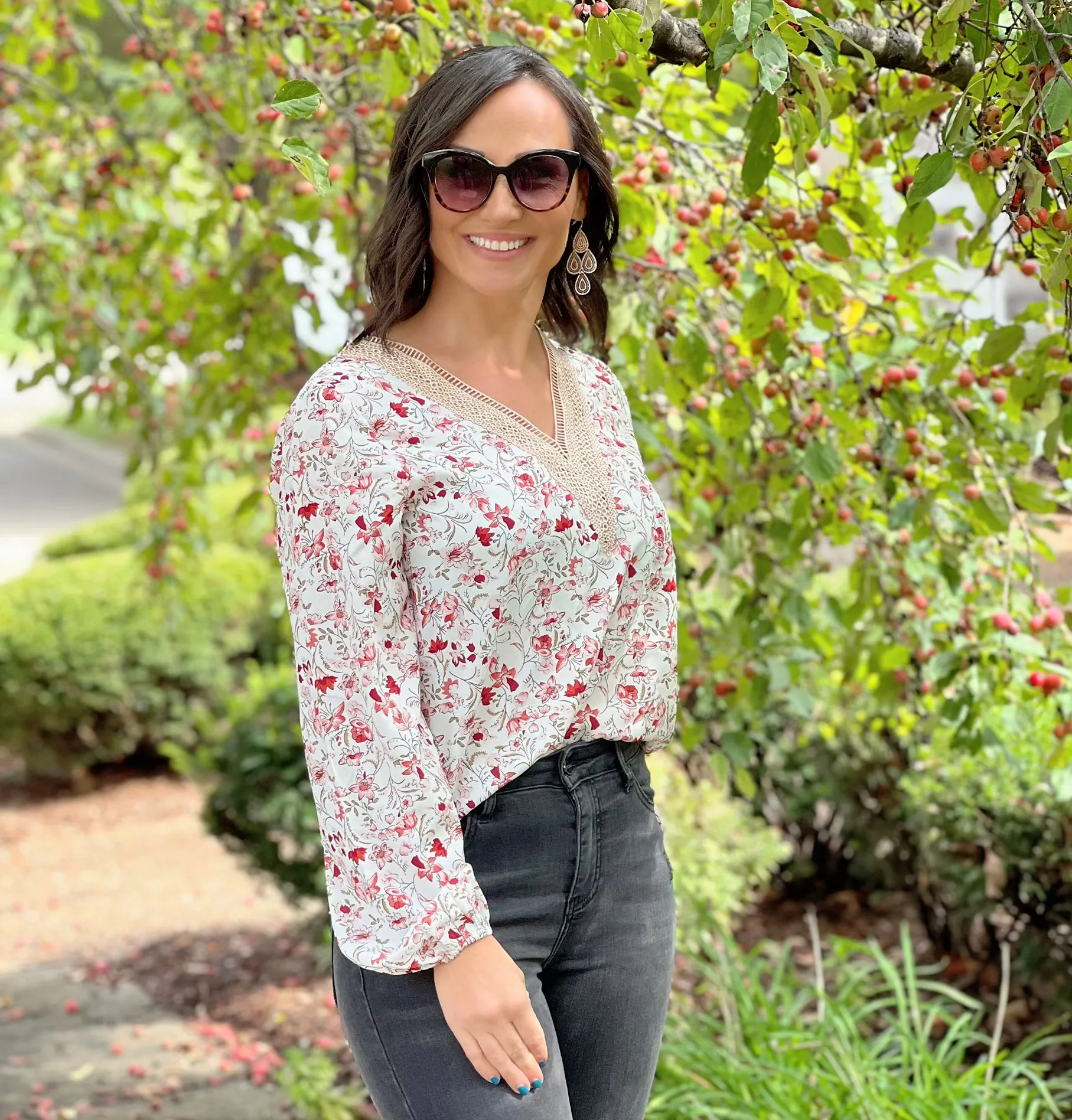 White Floral Long Sleeve Lace V-Neck Blouse with FREE EARRINGS