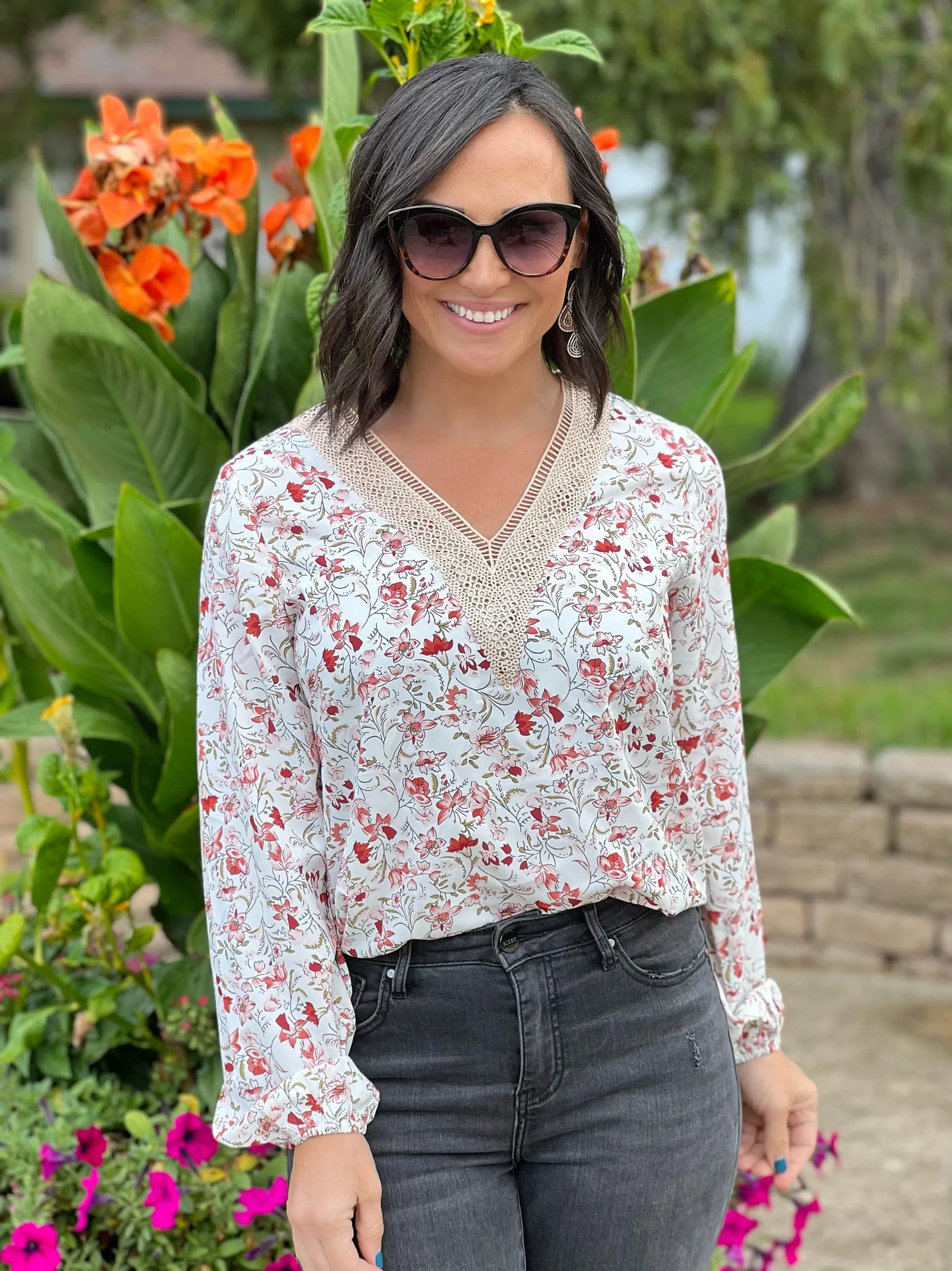 White Floral Long Sleeve Lace V-Neck Blouse with FREE EARRINGS