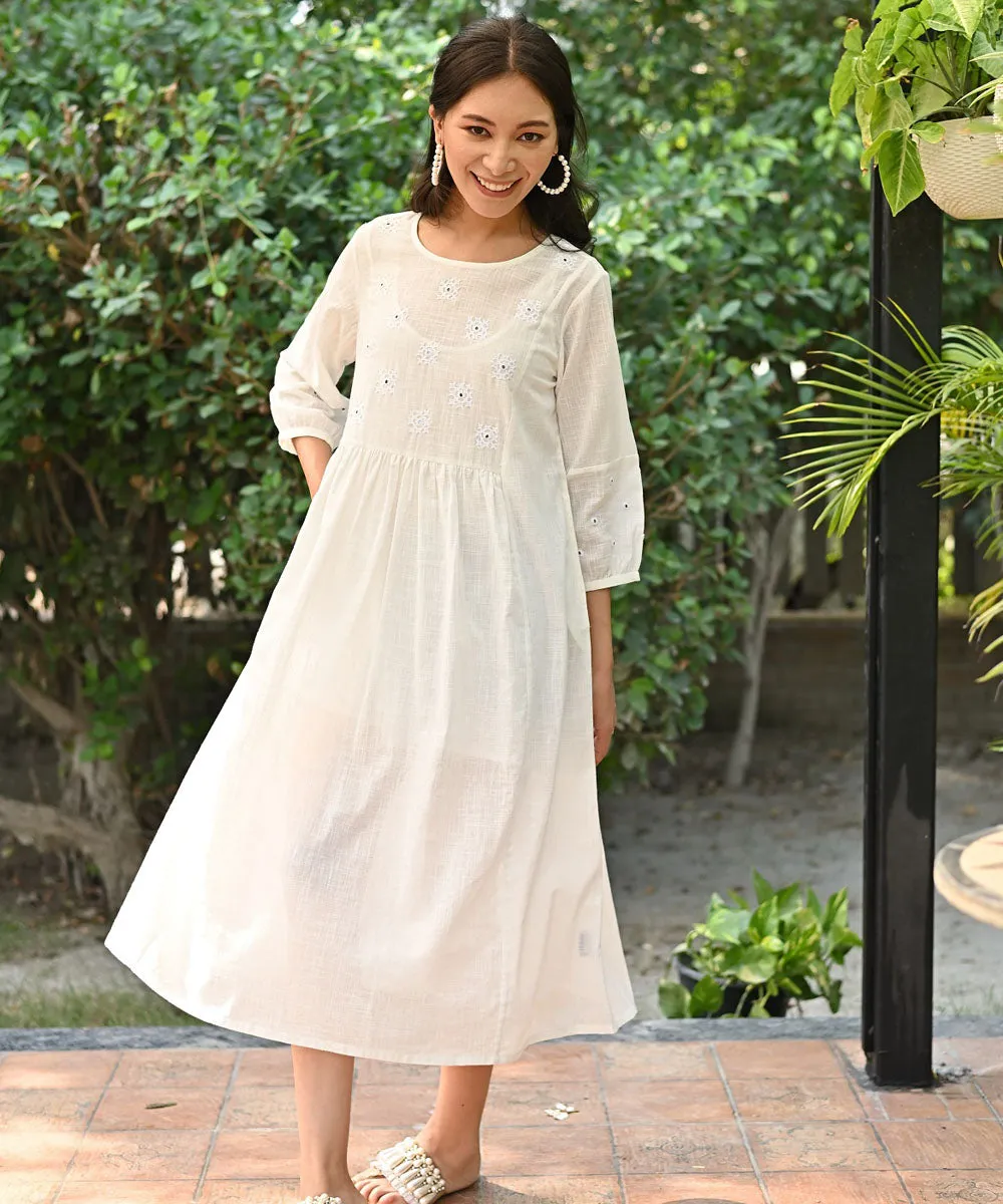 White handembroidered cotton A line dress