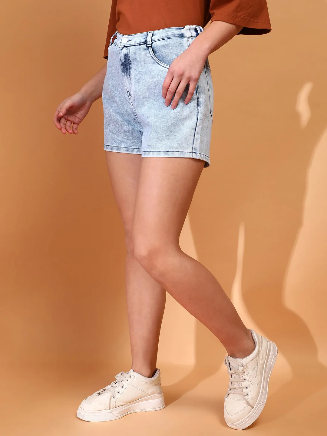 Women Denim solid Light Blue Shorts