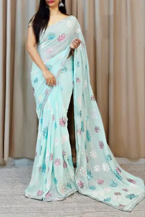 Wonderful Sky Blue Color Designer Multicolor Sequins And Sequins lace Border Saree For Women