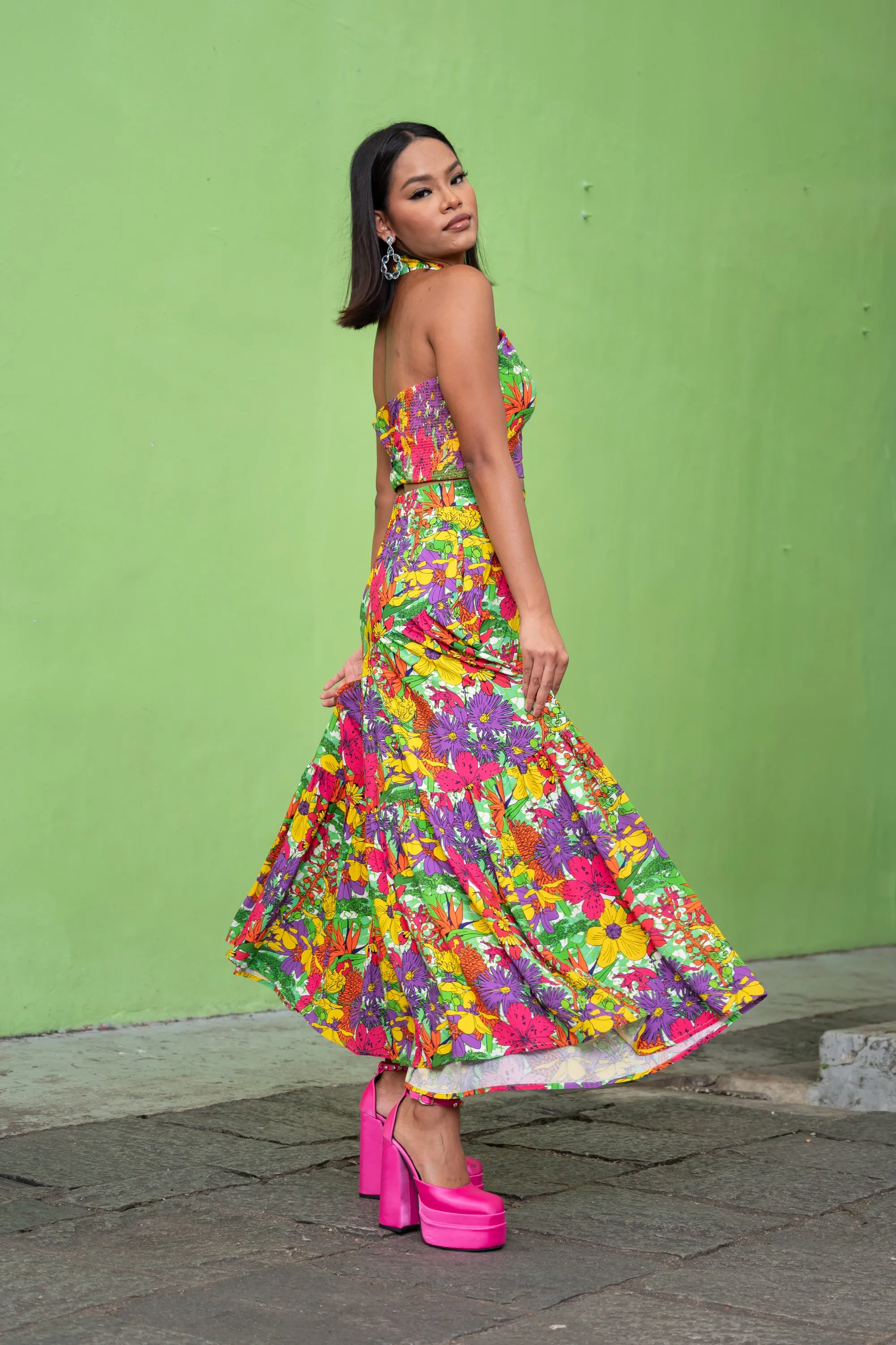 Zikora High Waist Flare Maxi Skirt - Green Pink Yellow Garden Mosaic Print | ILC OA OG