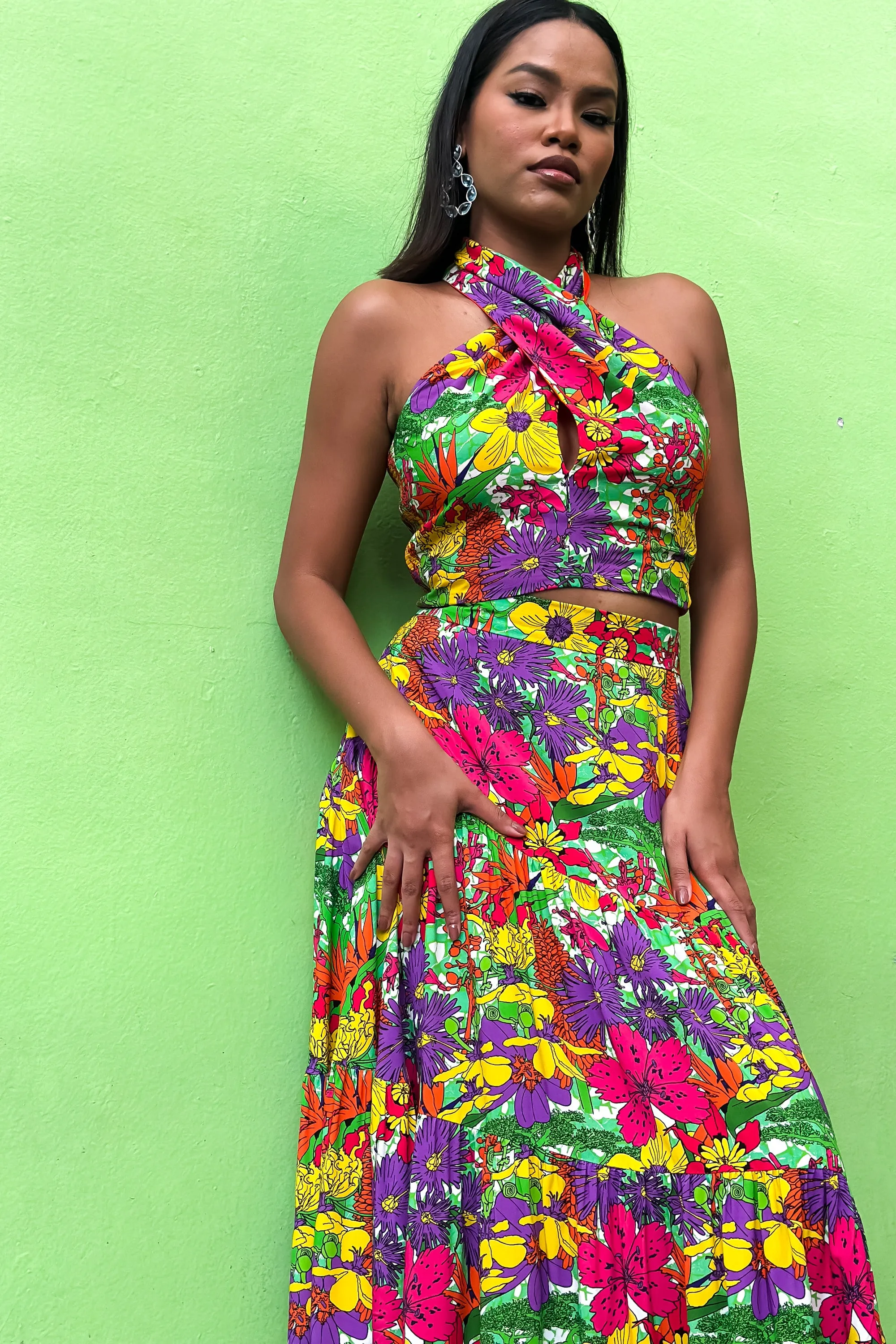 Zikora High Waist Flare Maxi Skirt - Green Pink Yellow Garden Mosaic Print | ILC OA OG