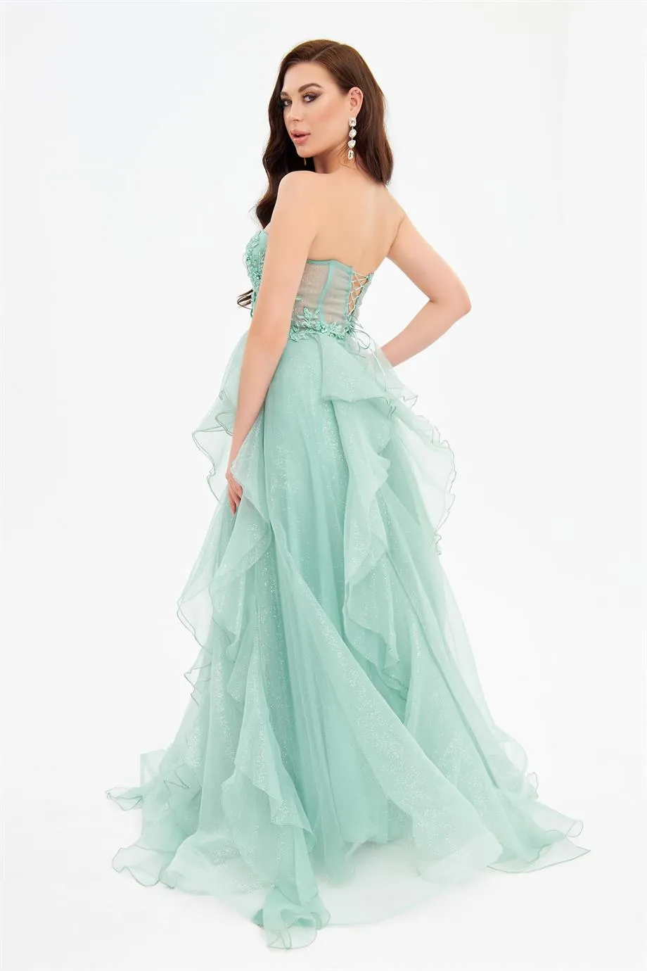 Çağla Glittery Tulle Embroidered Tie Back Strapless Engagement Dress