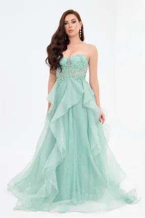 Çağla Glittery Tulle Embroidered Tie Back Strapless Engagement Dress